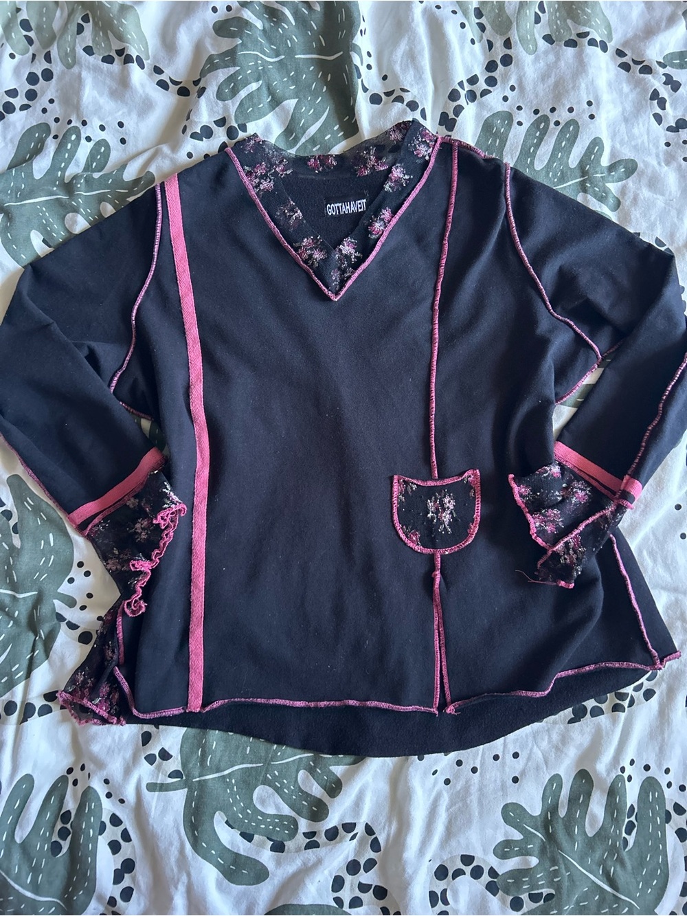 ‘GOTTAHAVEIT’ Black 3/4 Sleeve Top with Pink Contrast Stitching and Mesh